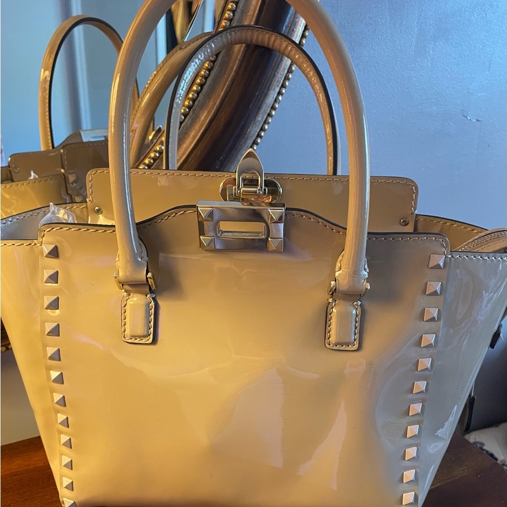 Patent Leather Stud-Trim Satchel in Beige